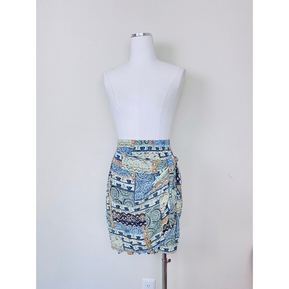 1990s Vintage Blue Southwestern Sarong Skirt Set / 90s Rayon Cocoon Jacket 10 - Picture 6 of 10